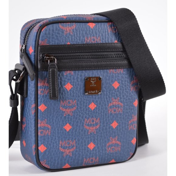 New MCM $640 Blue Red Visetos Canvas Messenger Bag Crossbody Purse - Picture 1 of 12